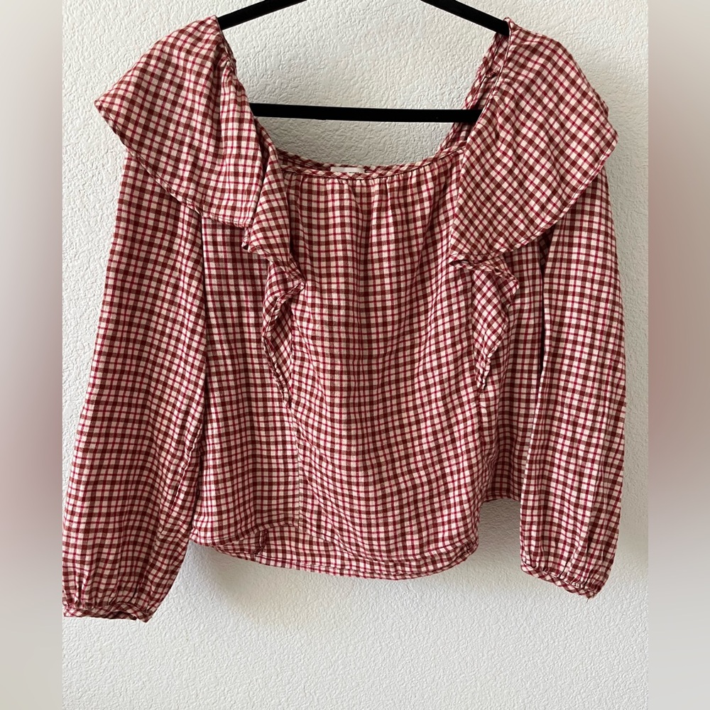 J Crew Gingham Ruffle Blouse